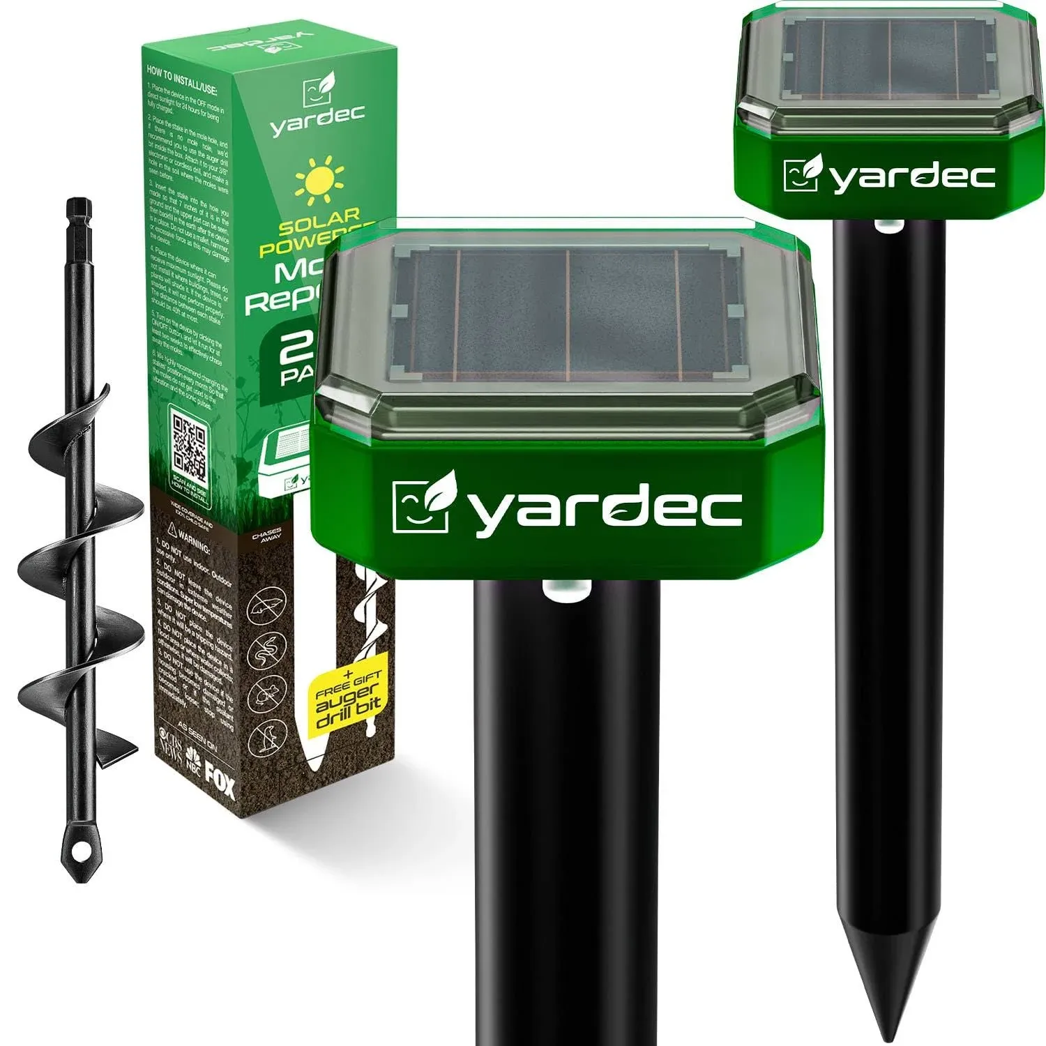 YARDEC Gopher Repellent Ultrasonic Solar Powered - Easy to Use Solar Mole Repellent Ultrasonic with an Auger Drill Bit - IP65 Waterproof Sonic Repeller Stakes for Groundhog, Vole, Snake, etc (4-Pack)