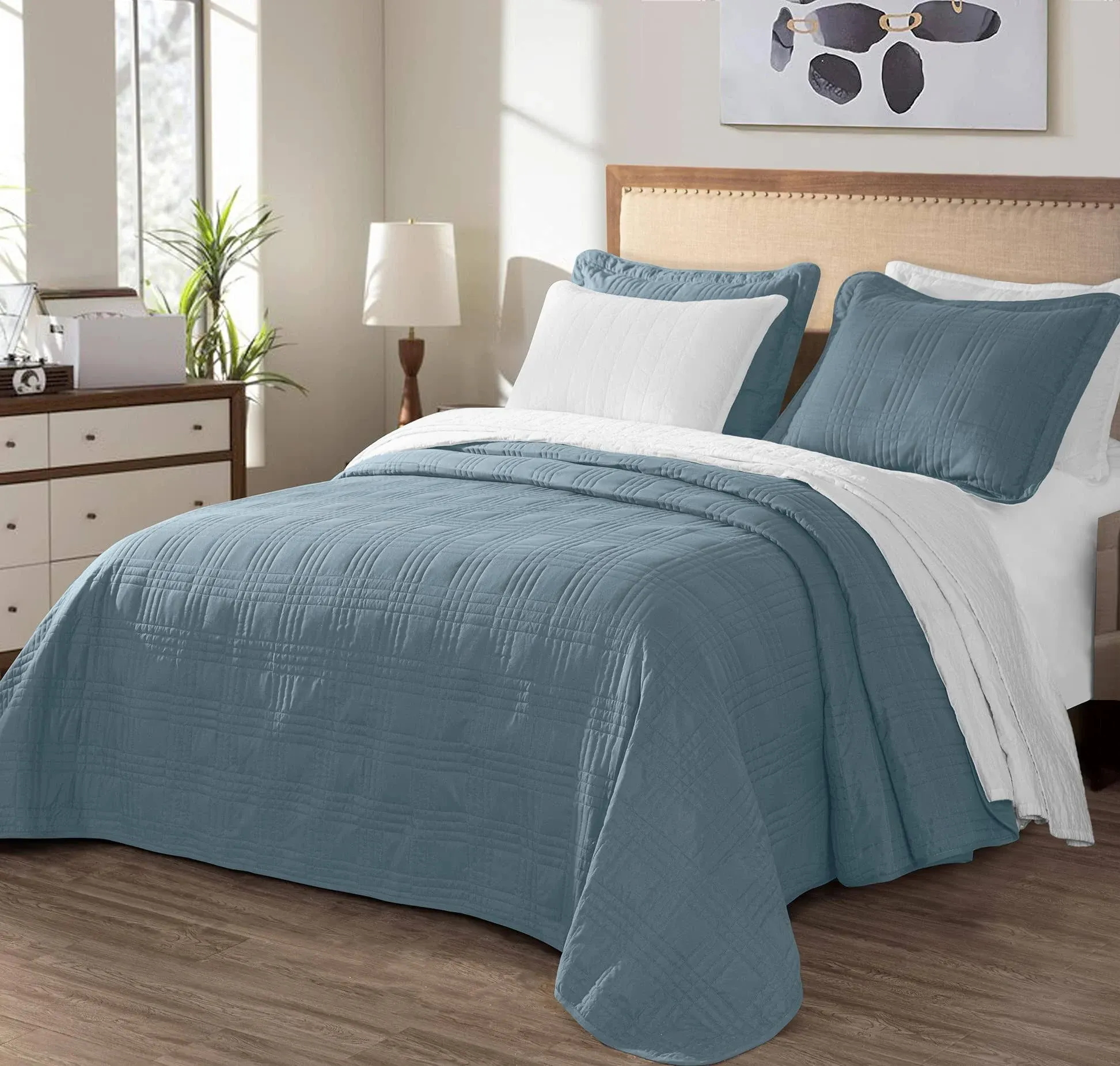 Chezmoi Collection 3pcs Spa Blue Quilt Set Oversized Bedding Coverlet Bedspread