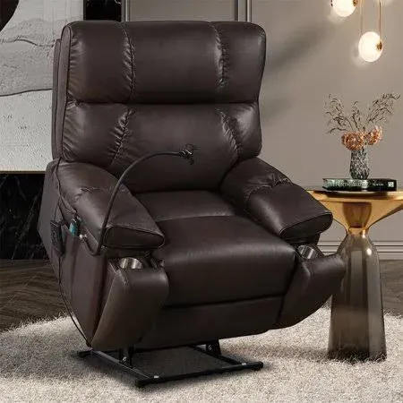 Lay Flat Lift Chair with 2 Motors Massage and Heat,Lift Chair with Phone Holder Cup Holder and 2 Side Pockets,Comfy Lift Chair Recliners for Elderly,Brown