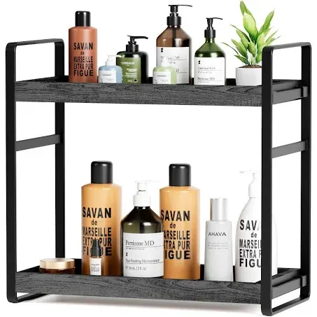 2-Tier Adjustable Bathroom Organizer Countertop: No Tools Quick Installation Counter Shelf for Storage Wood Corner Bathroom Rack for Vanity Kitchen Under Sink- Tiered Tray Makeup Stand Organizers