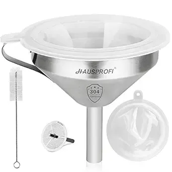 HAUSPROFI Stainless Steel Funnel, 5.1 inch 304 Stainless Steel Kitchen Funnel with 200 Mesh Food Filter Strainer for Transferring Liquids, Oil, Making