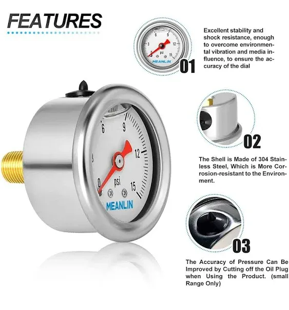 MEANLIN MEASURE 0~15Psi Stainless Steel 1/8" NPT 1.5" FACE DIAL, Glycerin Filled Pressure Gauge, Liquid Filled, Water Oil Air, Back Mount, with 1/8" x 1/4" NPT and 1/8" x 3/8" NPT Hex Bushing