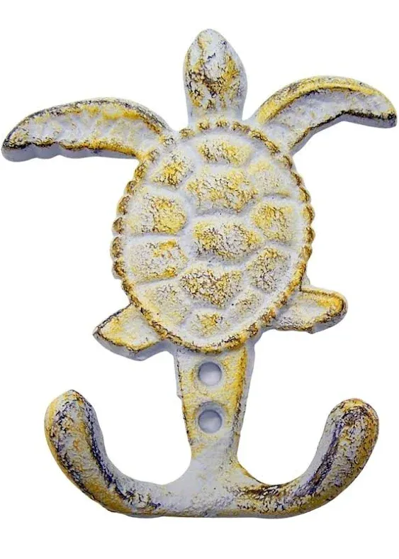 Wowser Brands Distressed White & Yellow Cast Iron Sea Turtle Wall Hooks