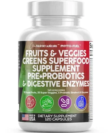 Clean Nutraceuticals Fruits and Veggies Supplement Reds & Green Superfood - Balance of Over 70 Fruit & Vegetable Supplements Capsules with Probiotics Prebiotics Digestive Enzymes - 120 Ct USA