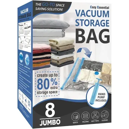 8 Jumbo Vacuum Storage Bags, Space Saver Bags Compression Storage Bags for Comforters and Blankets, Vacuum Sealer Bags for Clothes Storage, Hand Pump Included