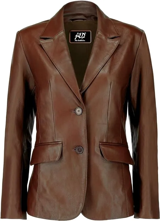 Jild Classic 2-Button Lambskin Leather Blazer Women - Casual Coat Long Sleeves S