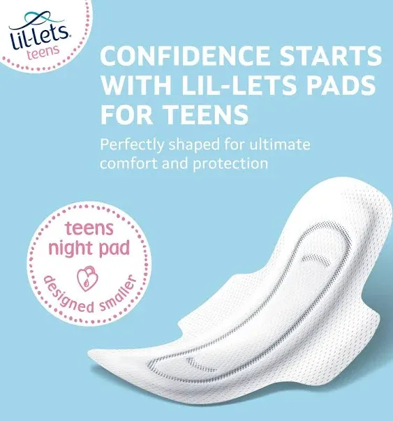 Lil-Lets Teens Night Pads with Wings - 50 Count Period Pads - Thin, Super Absorbent Sanitary Napkins, Soft & Breathable, Fragrance Free - First Periods, Heavy Flow Nights