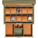 ROTHWELL 10-Slot Watch Box in Leather with Valet Drawer, Luxury Watch Case Display Organizer with Ultra Soft Microsuede Liner, Jewelry and Sunglass Holder With Large Glass top (Green/Tan)