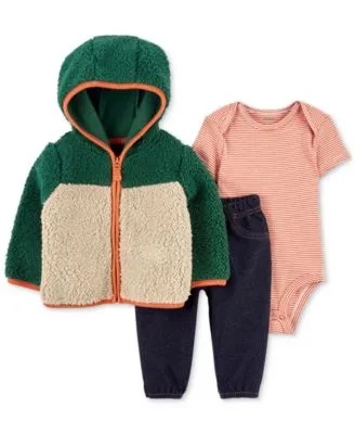 Baby Boys Colorblocked Faux-Sherpa Jacket, Bodysuit and Pants, 3 Piece Set 