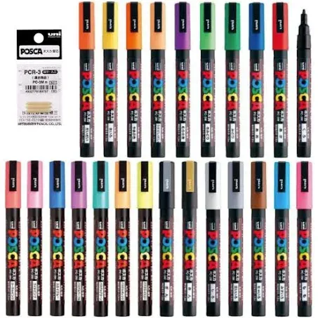 Posca Marker Acrylic Paint Pens Fine Point Tip width 0.9-1.3mm 24 colors PC-3M, For Rock Painting, Fabric, Glass Paint, Metal Paint Including Pens Tip Refill PCR-3