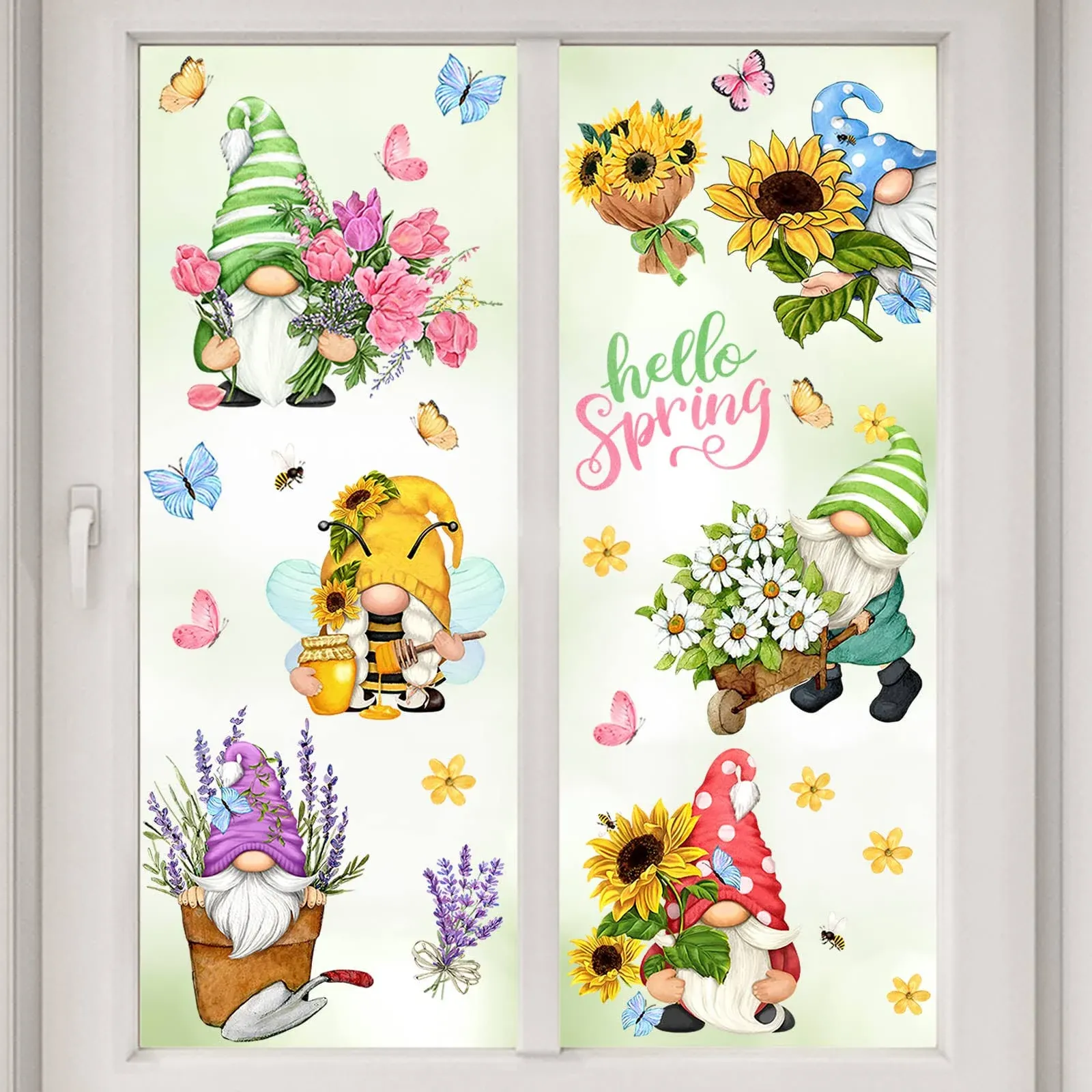 Mfault Hello Spring Gnomes Flowers Window Clings 9 Sheets Floral Sunflower Da...