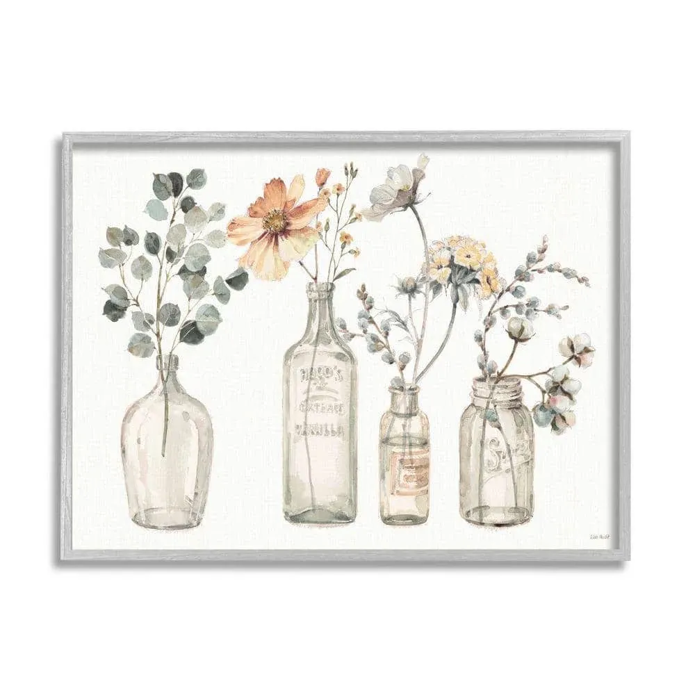 Stupell Industries Antique Floral Bouquets Flowers Glass Jar Painting Framed Wall Art Design by Lisa Audit, 16 inch x 20 inch, Gray Framed