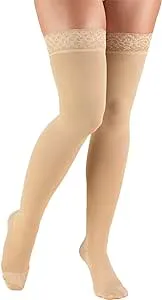 TRUFORM Unisex Thigh High Stockings Lace Top 20-30mmHg (Beige) Large