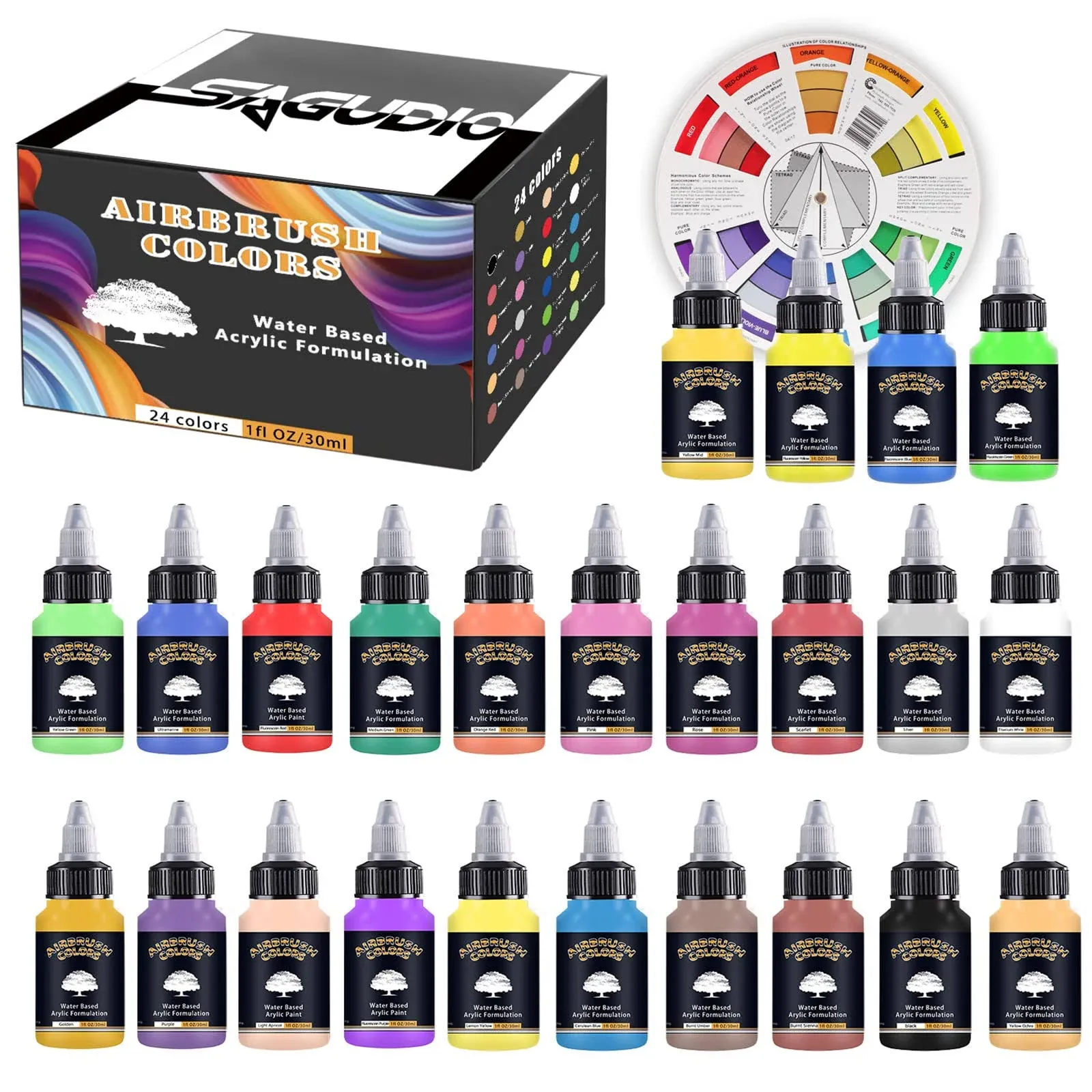 SAGUDIO Peinture Aérographe 24 Couleurs 30 ml - Modèle Prêt à l'emploi Peinture Pour Airbrush,Peinture de gâteaux, Peinture de modèles