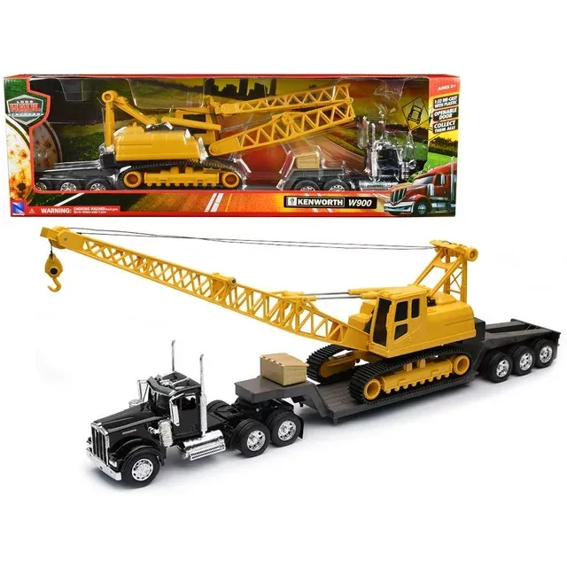 Kenworth W900 Truck With Lowboy Trailer Black And Crane Yellow Long Haul Trucker