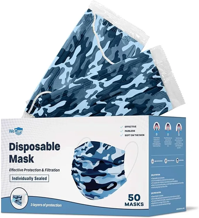 WECARE Disposable Face Mask Individually Wrapped - 50 Pack, Printed Masks - 3 Ply