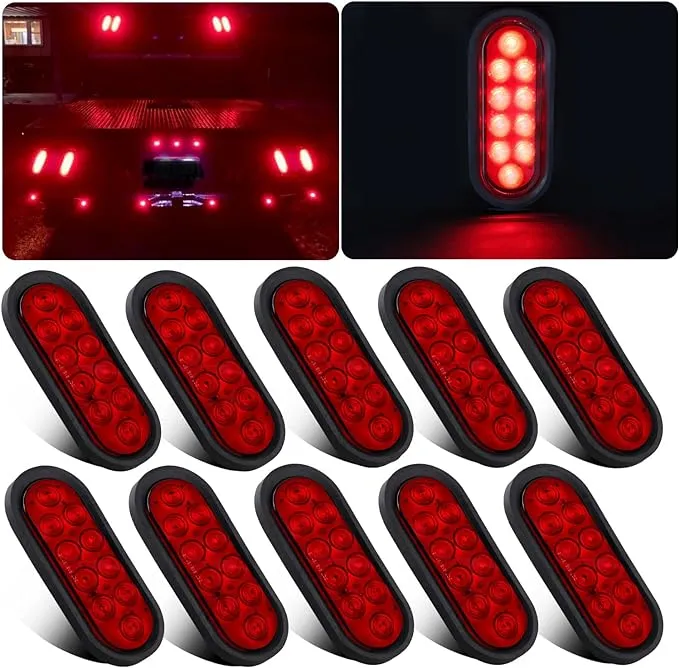 Red 6&#034; Oval Trailer Lights 10 LED Stop Turn Tail Truck Sealed w Grommet Plug