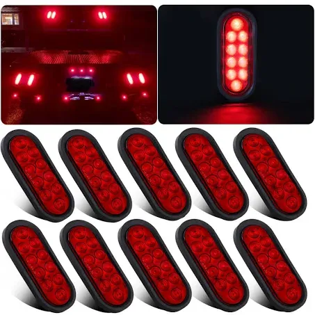 Red 6&#034; Inch Oval Trailer Lights 10 LED Stop Turn Tail Truck Sealed Grommet Plug