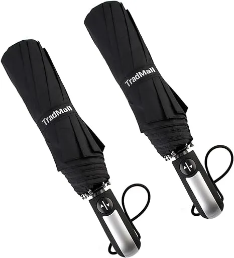 TradMall 2 Pack Travel Umbrella Windproof 46 Inches Large Canopy Reinforced Fiberglass Ribs Auto Open & Close, Black