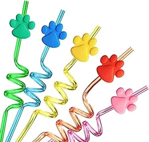 24 Paw Birthday Party Supplies Paw Print Drinking Straws with 2 Pcs Straws Patro