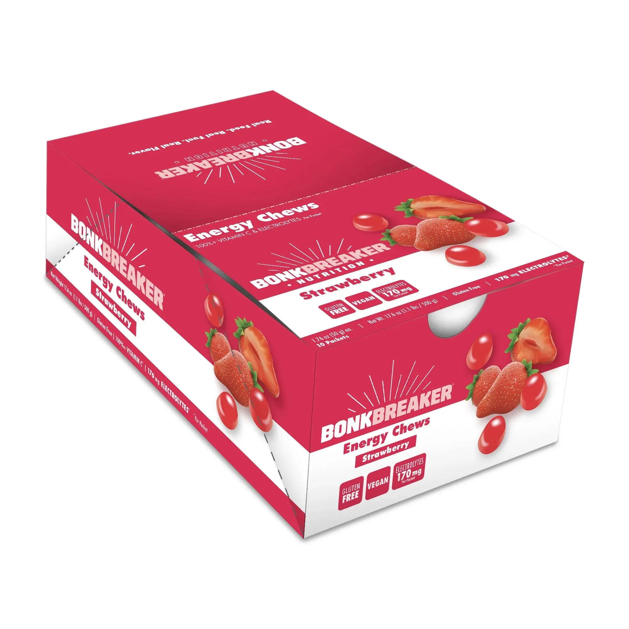 Bonk Breaker Energy Chews, Dairy-Free, Gluten-Free Ingredients to Provide Quick Energy and Focus, 1 Box of 10 Packets, Strawberry