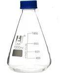 Erlenmeyer Flask, 1000ml - Borosilicate Glass - with PTFE Screw Cap - Conical Shape - White Graduations - Eisco Labs CH0430F