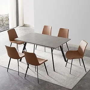 Dining Table Set for 6, Wood Rectangle Kitchen Table and Leather Chairs (1 Table 6 Brown Chairs, 59-Inch), Size: 59L x 35.4W x 29.9H