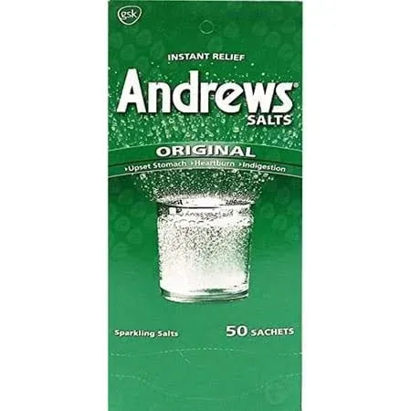 Andrews Salts Original Instant Relief from Upset Stomach, Heartburn, Indigetsion- 50 sachets