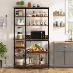 Tribesigns Kitchen Bakers Rack with Power Outlets, 10-Tier Microwave Oven Stand with Storage, S-Hook, and Pull-Out Drawer Gray