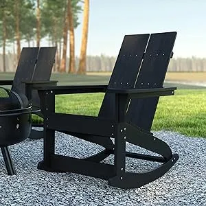 Emma + Oliver Set of 2 Modern All-Weather Poly Resin Adirondack Rocking Chairs for Indoor/Outdoor Use, Black