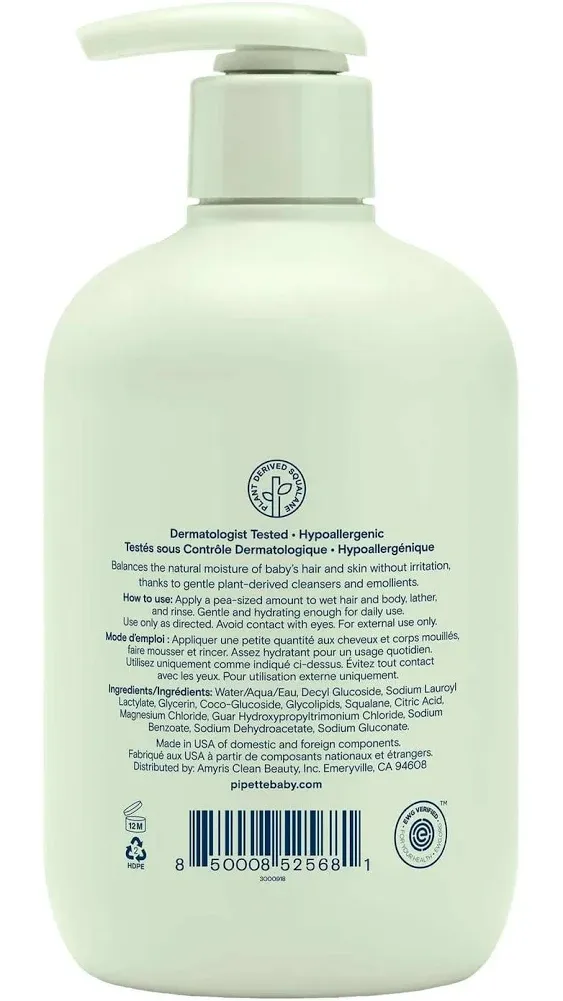 Pipette Baby Shampoo and Body Wash - Fragrance Free, Tear-Free Bath Time, Hypoallergenic, Moisturizing Plant-Derived Squalane, New Formula, 11.8 fl oz