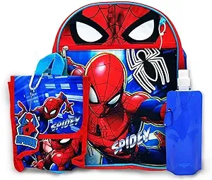 Spiderman Backpack with Lunch Bag 2-Key Chains Water Bottle - 5 Piece Kids School Backpack Set - Boys Girls Shoulder Book Bag Printed Marvel Superhero Spiderman 