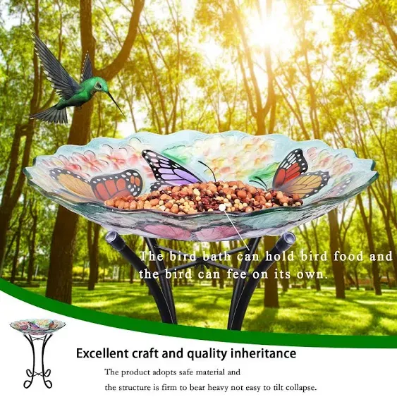 VCUTEKA Glass Bird Bath Outdoor with Metal Stand for Lawn Yard Garden Decor B...