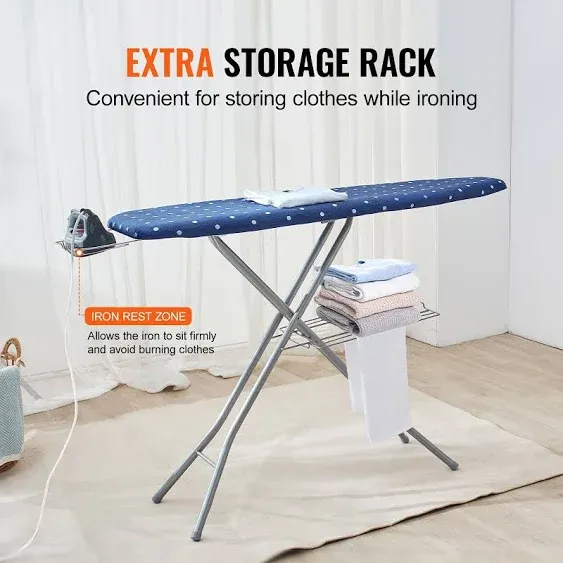 VEVOR Ironing Board with Bottom Storage Tray, Thickened 4 Layers Iron Board with Heat Resistant Cover and 100% Cotton Cover, 10 Adjustable Heights Ironing Board for Home Laundry Room Use (Size 55x15)