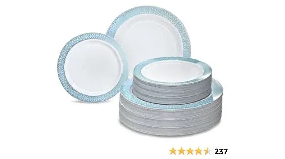 " OCCASIONS " 120 Plates Pack,(60 Guests) Heavyweight Premium Wedding Party Disposable Plastic Plates Set -60 x 10.5'' Dinner + 60 x 7.5'' Salad/Dessert(Louvre Blue/Gold)