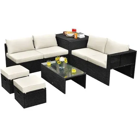 8 Pieces Patio Rattan Storage Table Furniture Set-Black