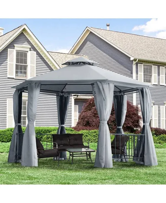 13' x 13' Patio Gazebo, Double Roof Hexagon Outdoor Gazebo Canopy Shelter w/ with Netting & Curtains, Solid Steel Frame for Garden, Lawn, Backyard and Deck, Grey