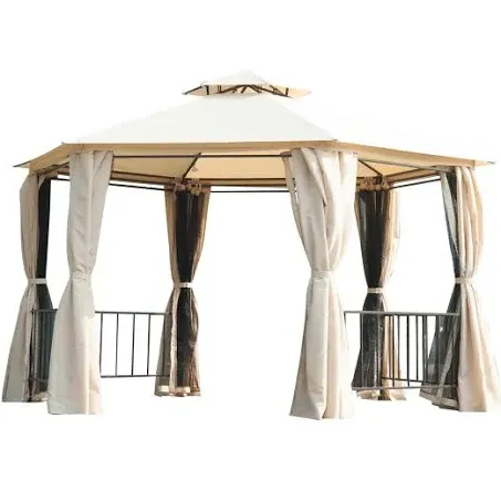 Outsunny 13' x 13' Patio Gazebo, Double Roof Hexagon Outdoor Gazebo Canopy Shelterwith Netting & Curtains, Solid Steel Frame for Garden, Lawn, Backyard and Deck, Beige