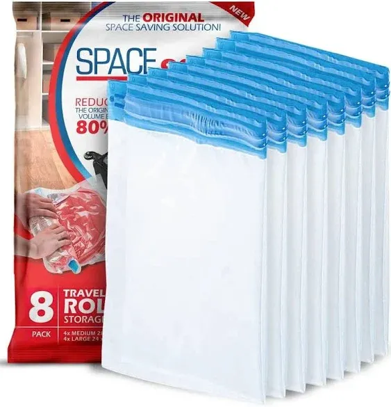 Spacesaver Premium Travel Roll-Up Storage Bags with Double-Zip Seal and Triple-Seal Turbo Valve, Get 80% More Storage - Space Saver Bags for Travel - Compression Bags for Travel (Travel 8 Pack)