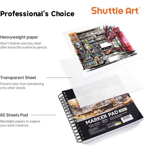 Shuttle Art Marker Pad, 8.3”x8.9” Portable Square Sketchbook, 80 Sheets Marker Drawing Paper, 120LB/200GSM Bleedproof Art Paper, Spiral-Bound, Great for Professional Artist to Draw, Paint & Sketch