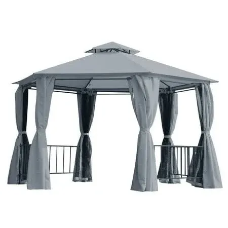 Outsunny 13' x 13' Patio Gazebo Double Roof Hexagon Outdoor Gazebo Canopy Shelter with Netting & Curtains