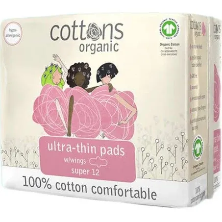 Cottons, 100% Natural Cotton Coversheet, Ultra-Thin Pads with Wings, Super, 12 Pads