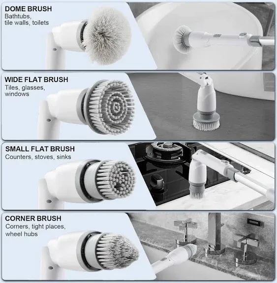 VEVOR Electric Spin Scrubber, Cordless Electric Cleaning Brush with Auto Detergent Dispenser & 2 Adjustable Speeds, Portable Power Shower Scrubber with 5 Replaceable Brush Heads for Bathroom, Tub