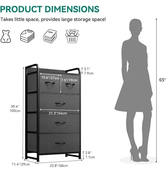 YITAHOME Fabric Dresser with 5 Drawers - Storage Tower with Large Capacity, Organizer Unit for Bedroom, Living Room & Closets - Sturdy Steel Fram