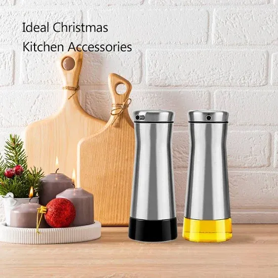 Aelga Olive Oil and Vinegar Dispenser Bottle Set 2 Pack Elegant Stainless Steel Set- for Kitchen with Drip Free