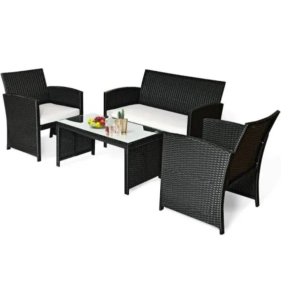 Costway 4PCS Patio Rattan Furniture Conversation Set Sofa Table Garden