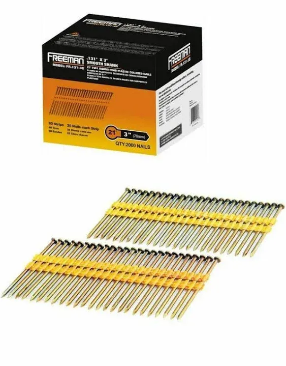 Freeman FR.131-3B 21 Degree .131" x 3" Plastic Collated Brite Finish Smooth Shank Full Round Head Framing Nails (2000 count)