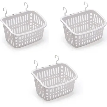 3PCS Plastic Hanging Baskets for Shower, Hanging Basket Organizer with Hooks, Rectangle 8.5Inches Small Hanging Storage Basket (Grey)