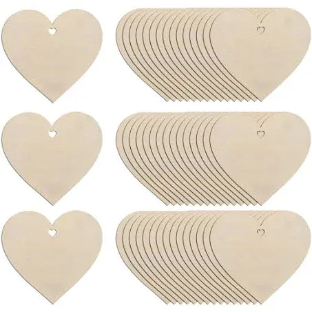 80Pcs 3&quot; Wooden Hearts for Crafts, Wood Predrilled Hearts Cutout Slices, DIY Unfinished Wooden Ornaments Embellishments, Heart Sign Tag for