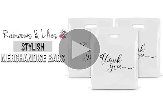 Rainbows & Lilies 100 Thank You Bags -12x15 Inch Plastic Bags with Handles, Shopping Bags for Small Business, Clothes, Gifts, Goodie Bags, Retail Bags, Bulk Gift Bags - Thick Reusable Bags (White)